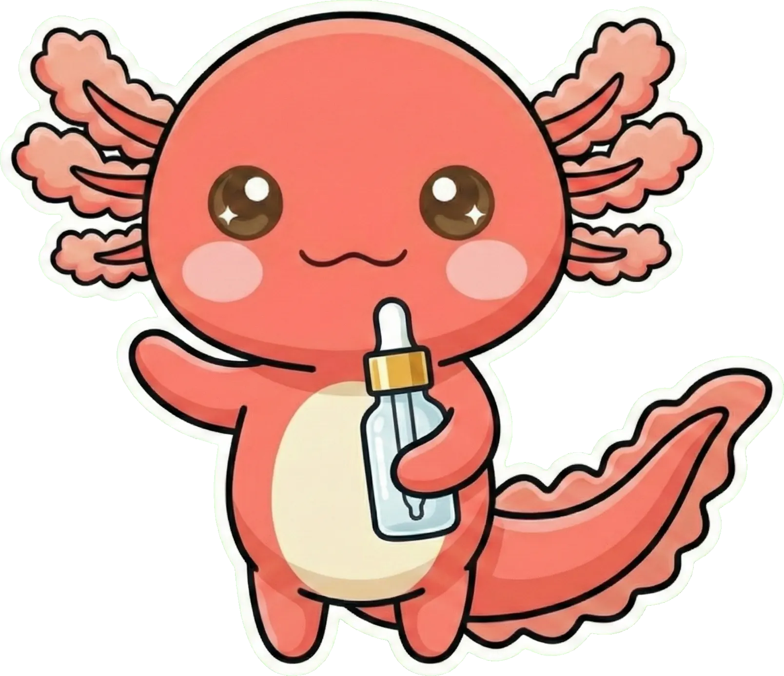 Skinli’s coral axolotl mascot holding a skincare bottle